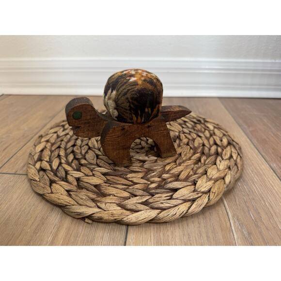 Vintage Wooden Turtle Floral Velvet Pin Cushion MCM 70's Kitschy Handmade Retro - Picture 11 of 11